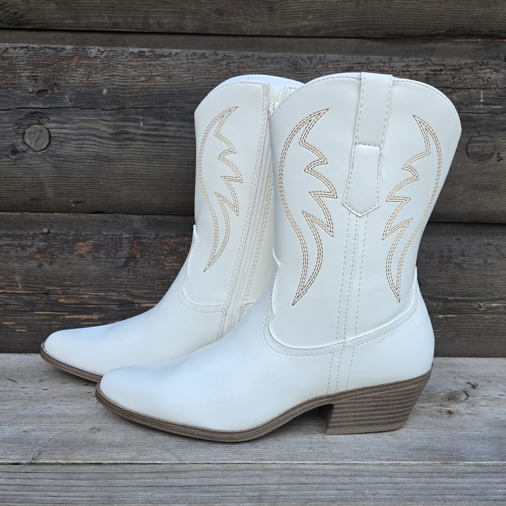Y2K White Western Cowgirl Deco Stitch Block Heel Boots Women's Size 8M - Picture 3 of 10